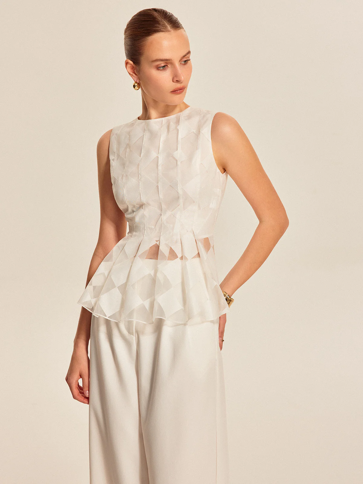 Semi-Sheer Geometric Peplum Top - Takermore