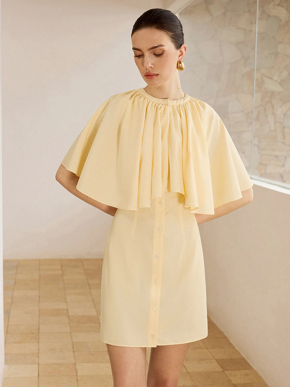 Cape-Sleeve Button-Front Mini Dress - Takermore