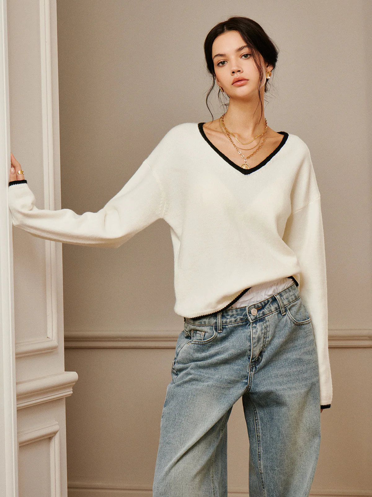 Embroidered Trim Draped Shoulder Knit Top - Takermore