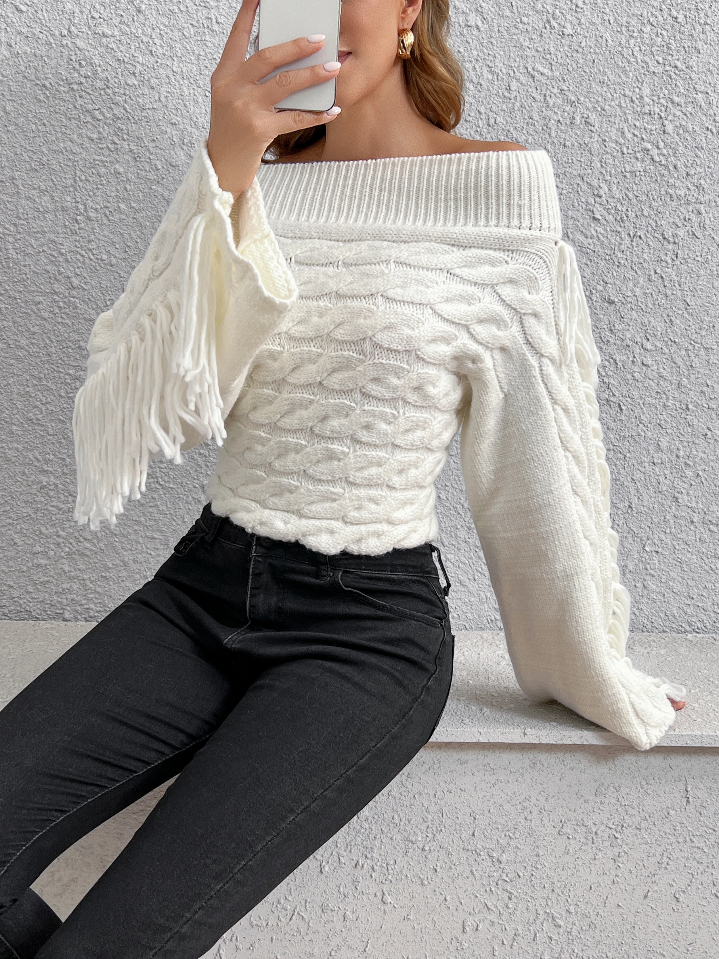 Beheme Off-Shoulder Tassel Sweater - Takermore