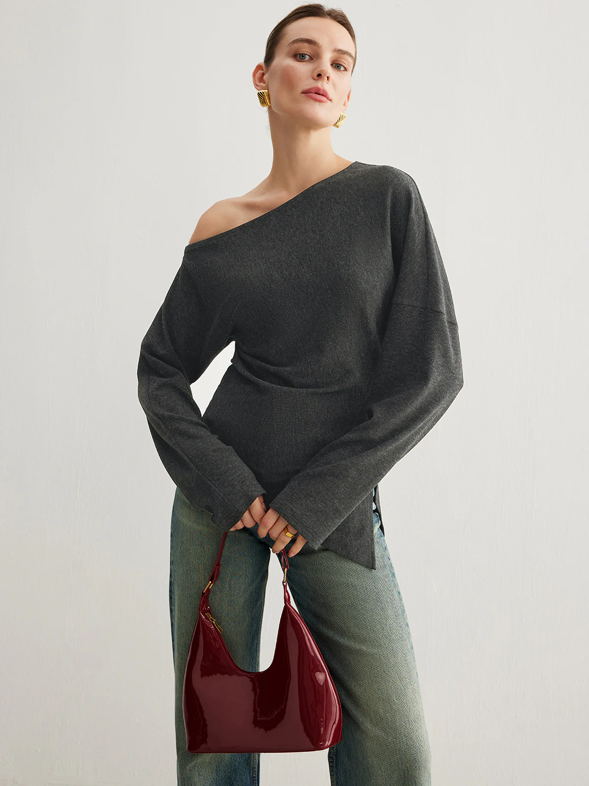 Asymmetrical Neck Slit Cinched Top - Takermore
