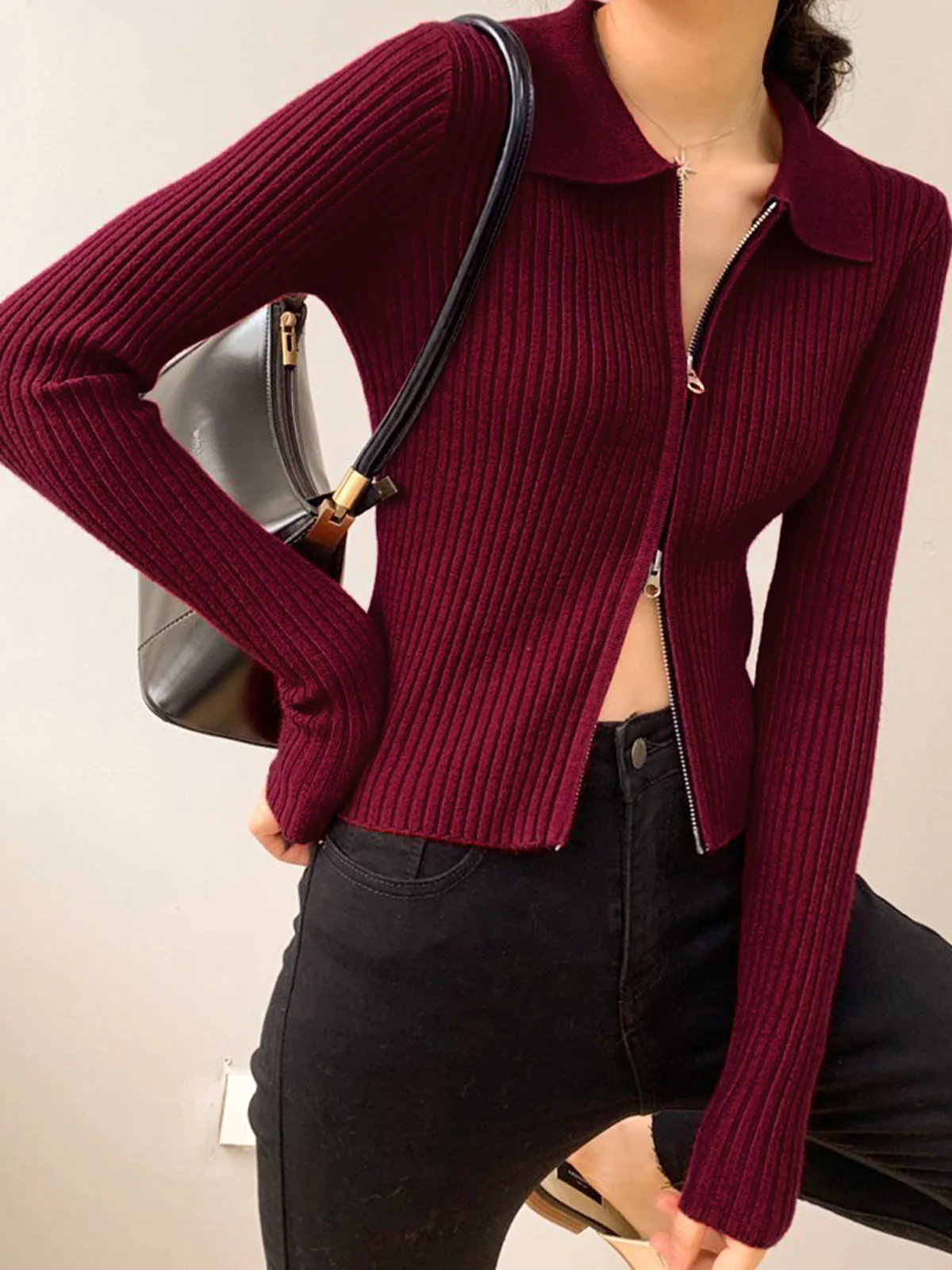 Double-Zip Ribbed Petite Sweater - Takermore