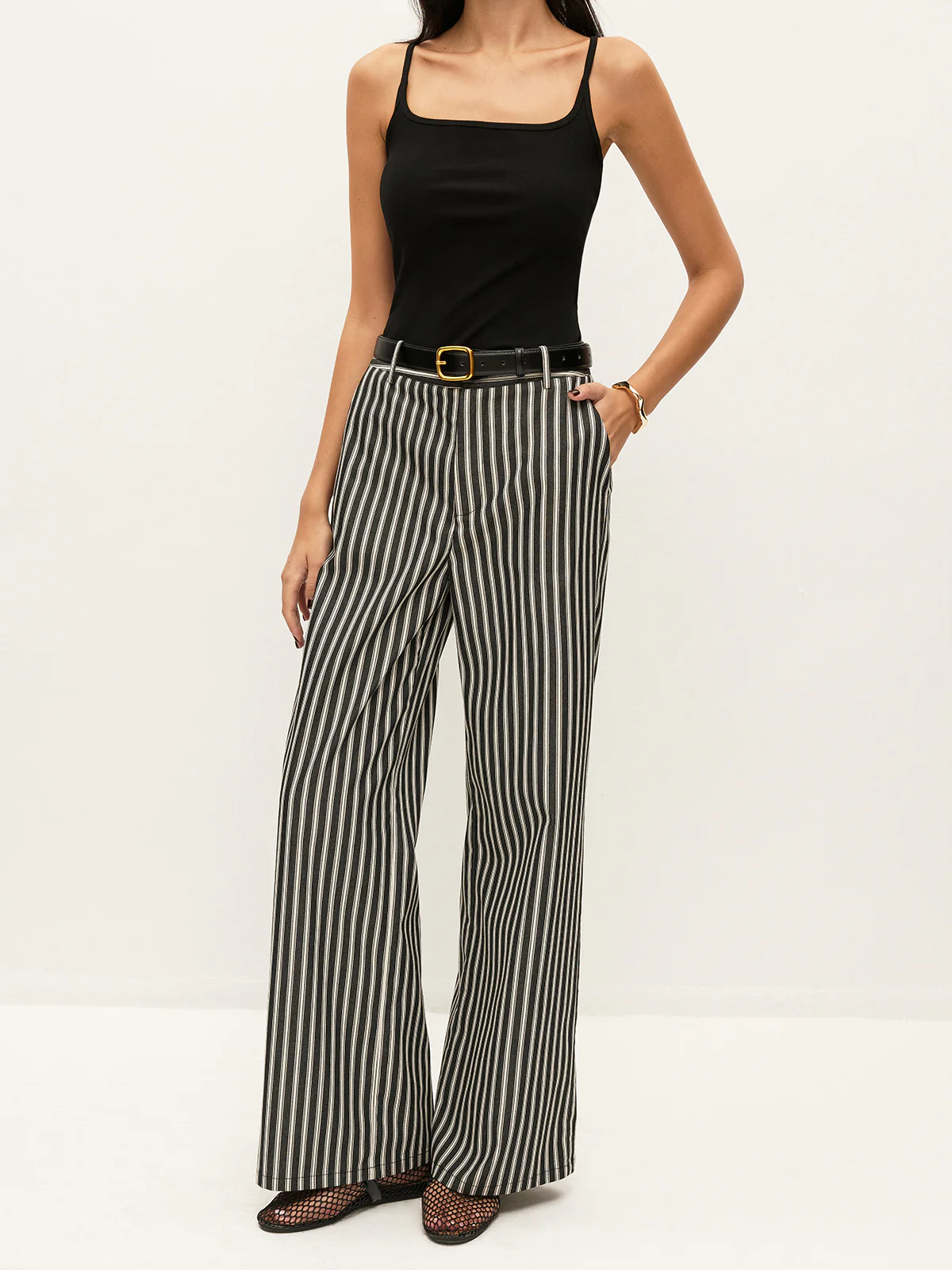 Mid-Waist Striped Pockets Pants Without Belt - Takermore