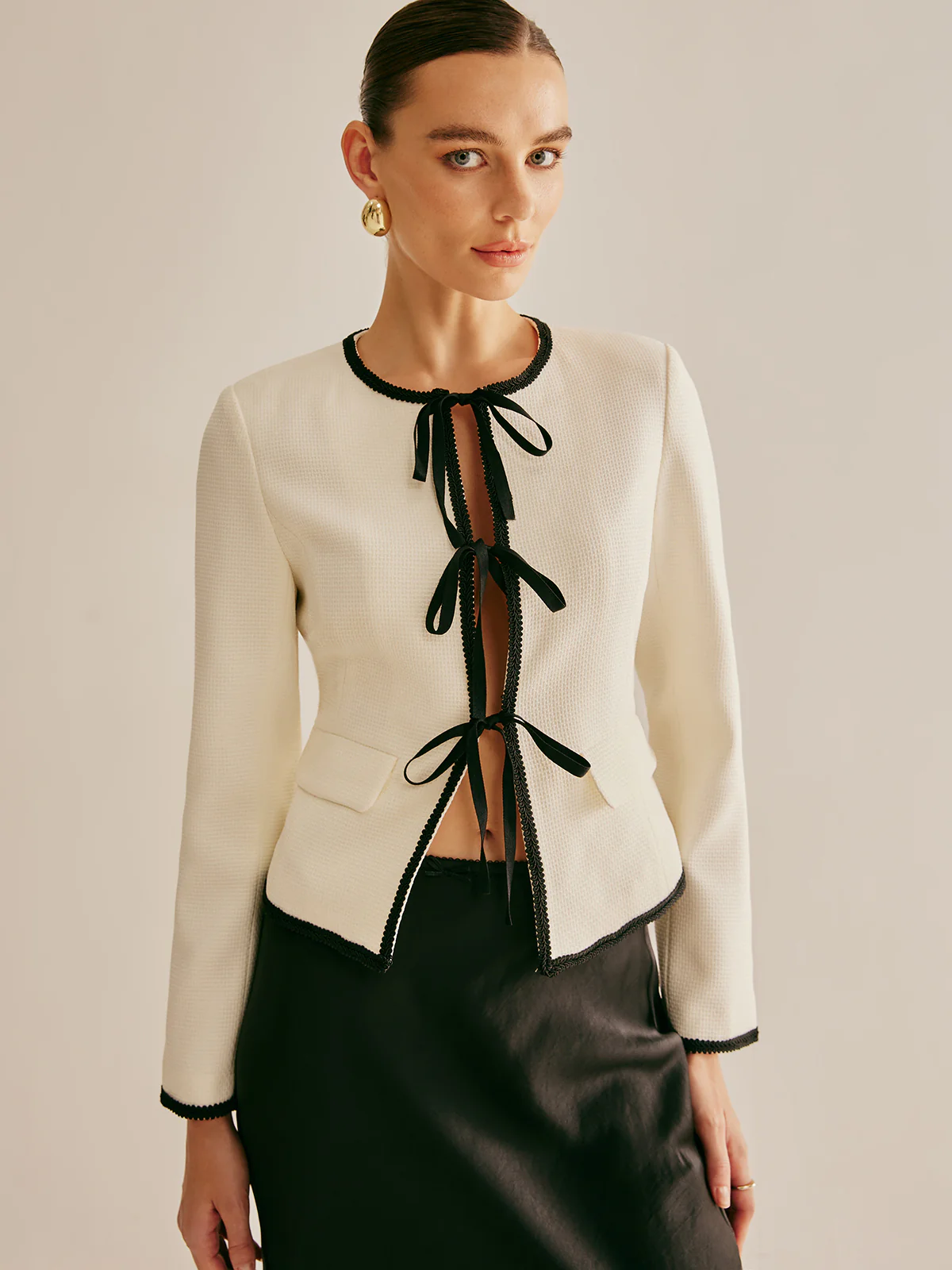 Contrast Trim Tie Front Jacket - Takermore