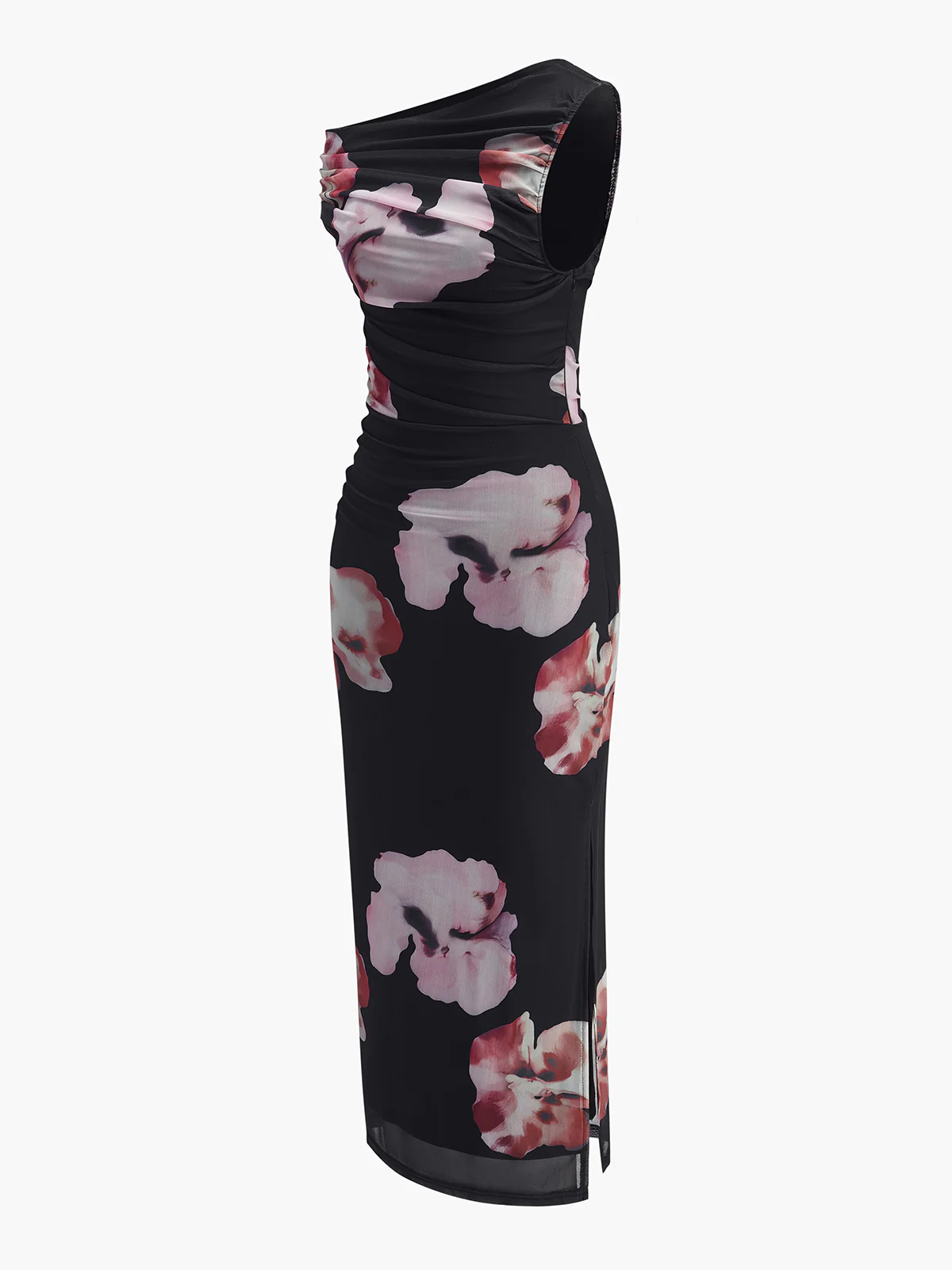 Asymmetrical Neck Floral Mesh Dress - Takermore