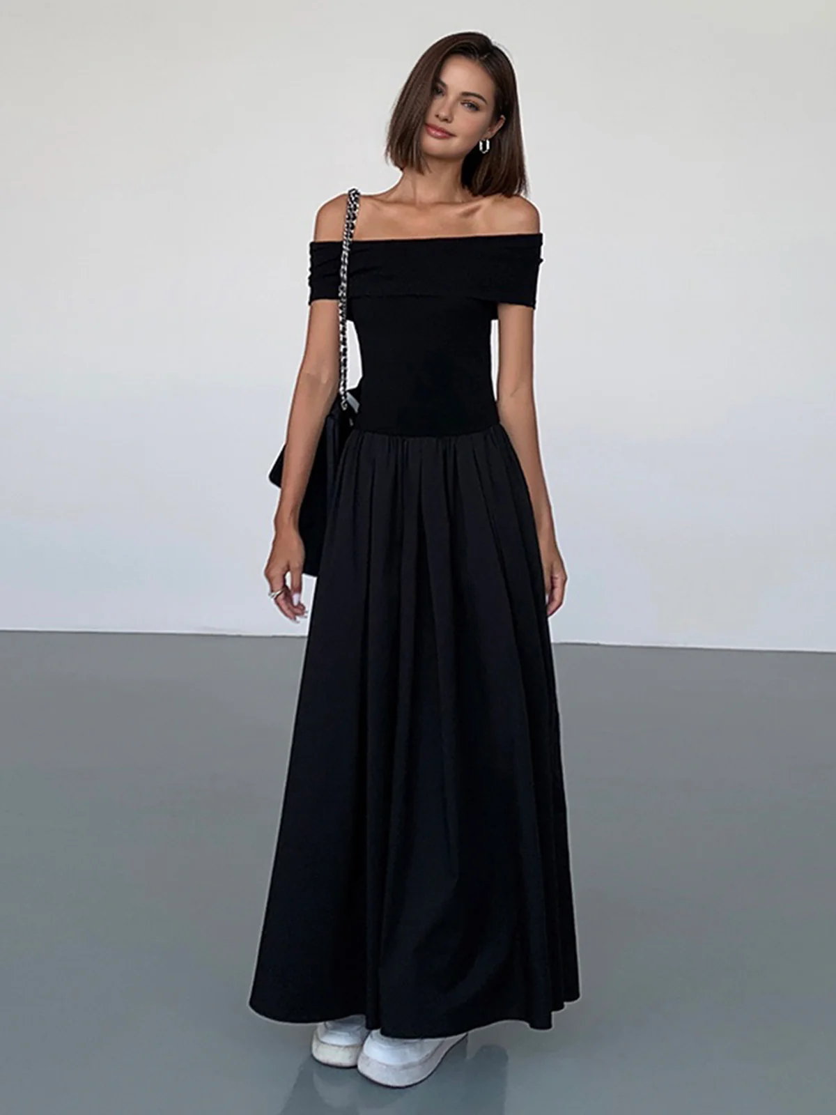 Frenchy Solid Off-Shoulder Long Dress - Takermore