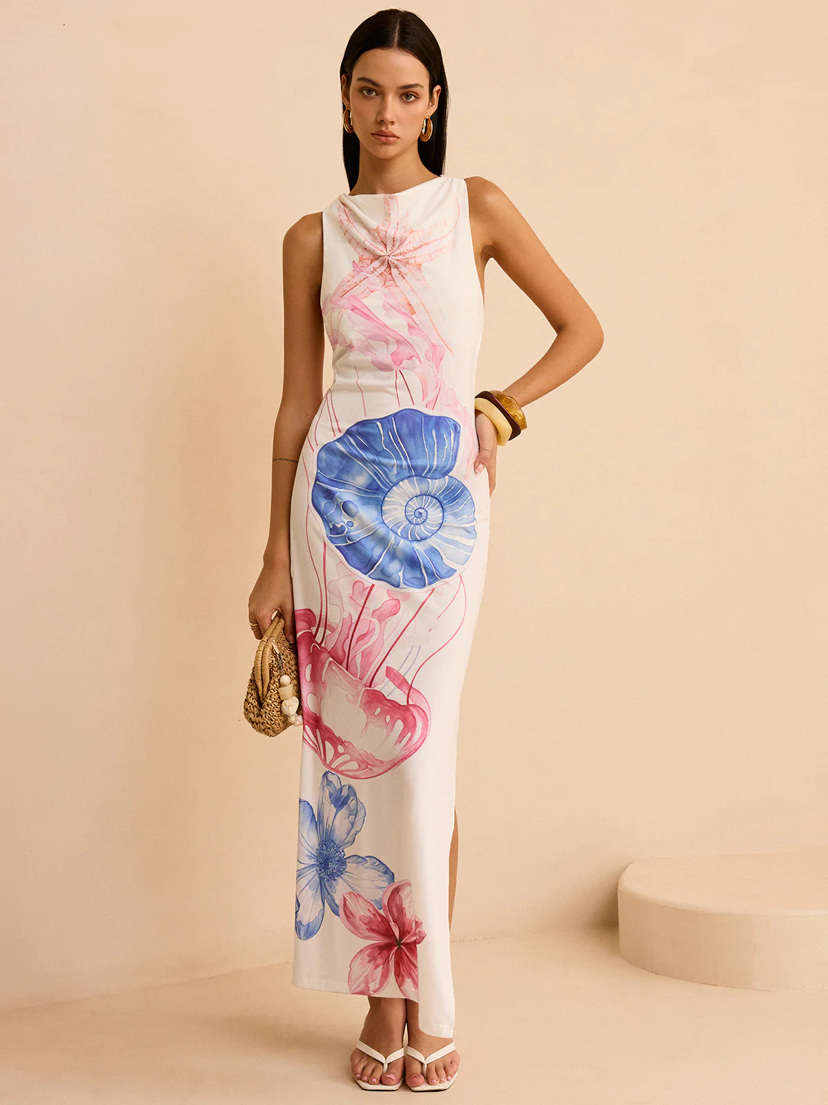 Ocean Print Maxi Dress with Slit - Takermore