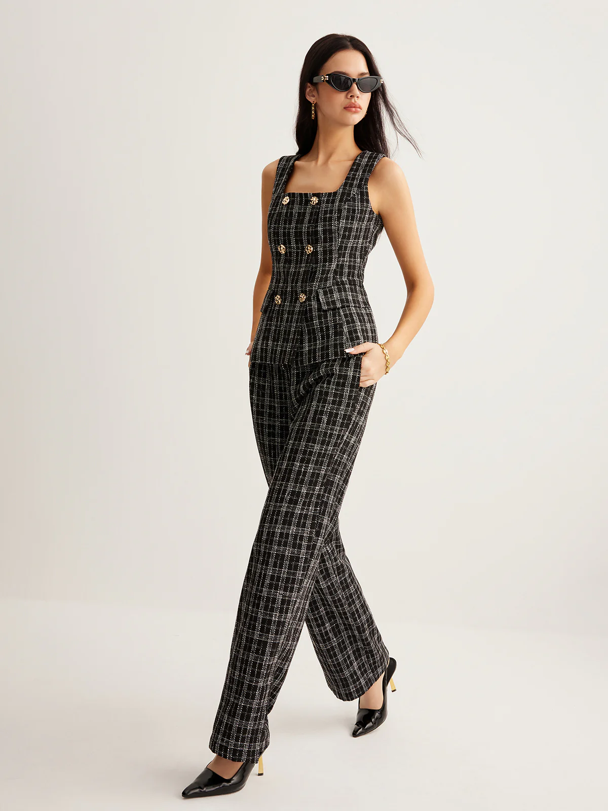 Checked Tweed Button Vest - Takermore