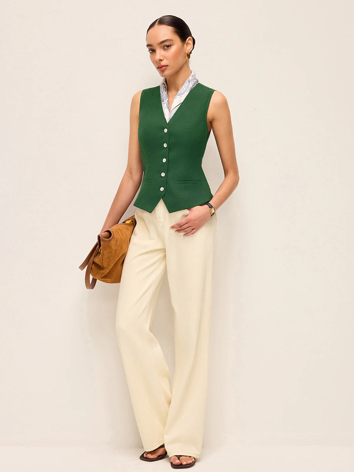 Cotton & Linen Asymmetric Button Vest With Back Bow - Takermore