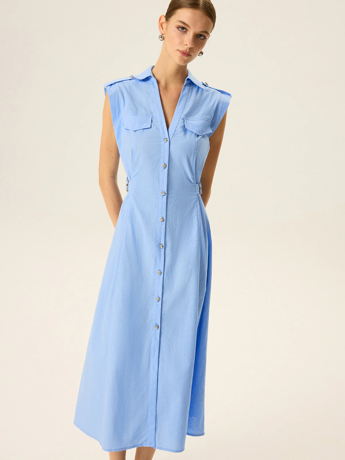 Linen & Cotton V-Neck Midi Dress with Metal Button - Takermore