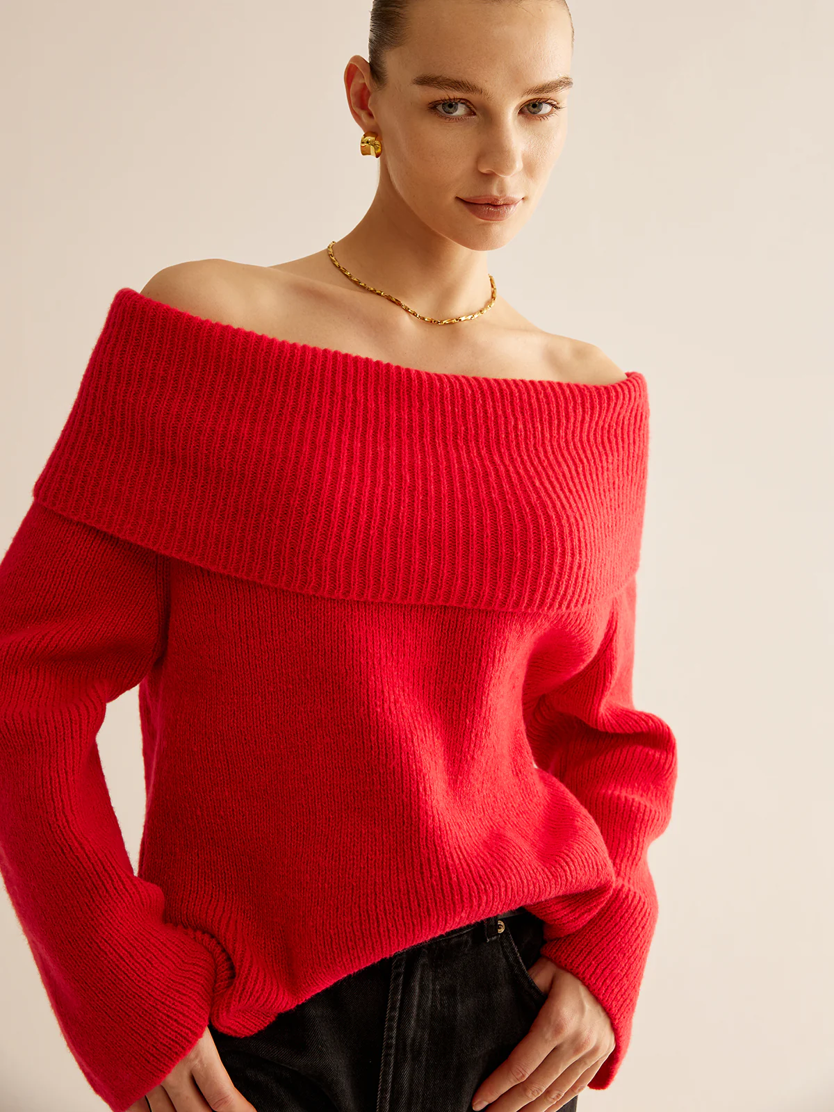 Off-Shoulder Ribbed Sweater - Takermore