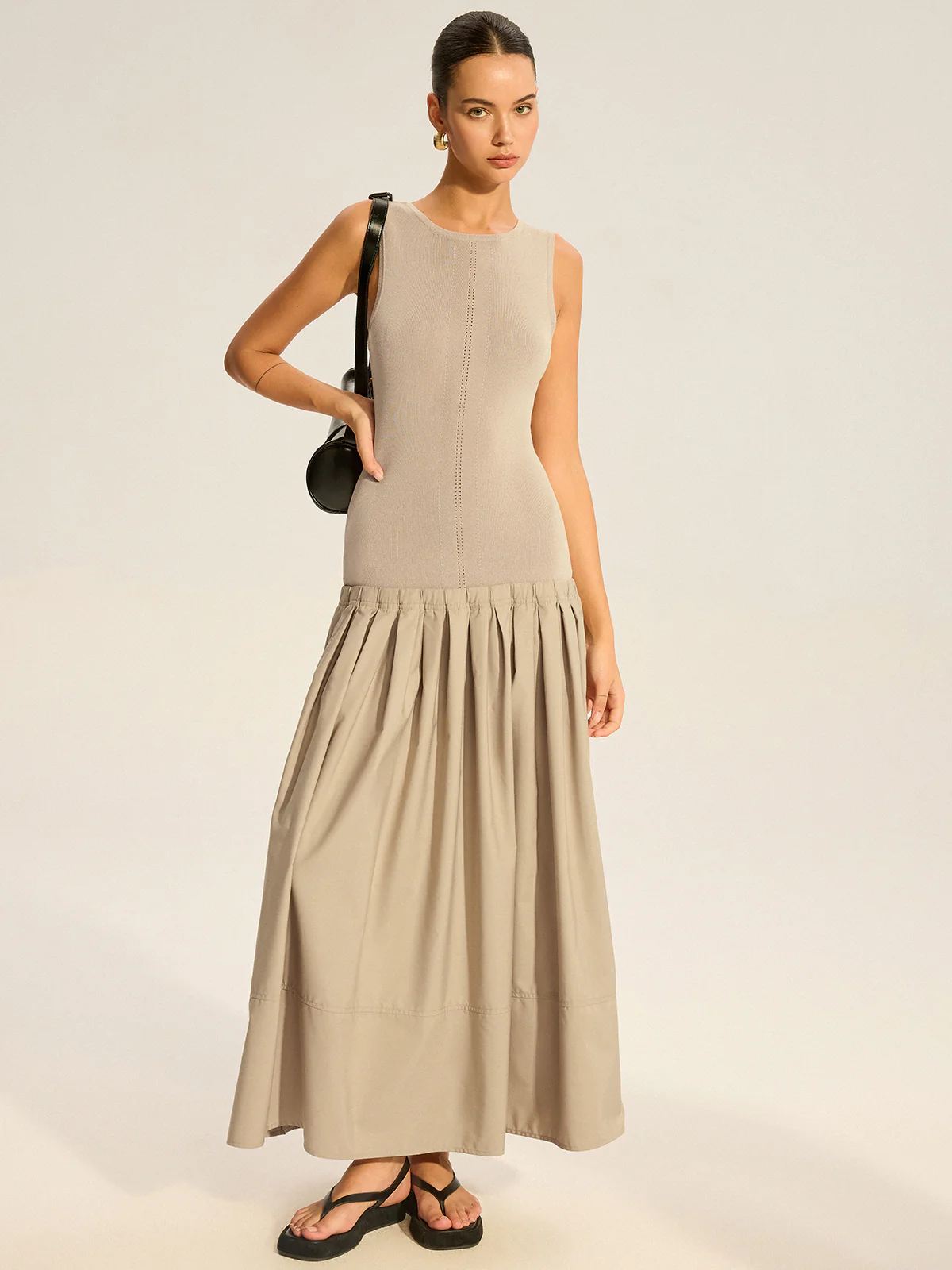 Sleeveless Knit-Top Pleated Midi Dress - Takermore