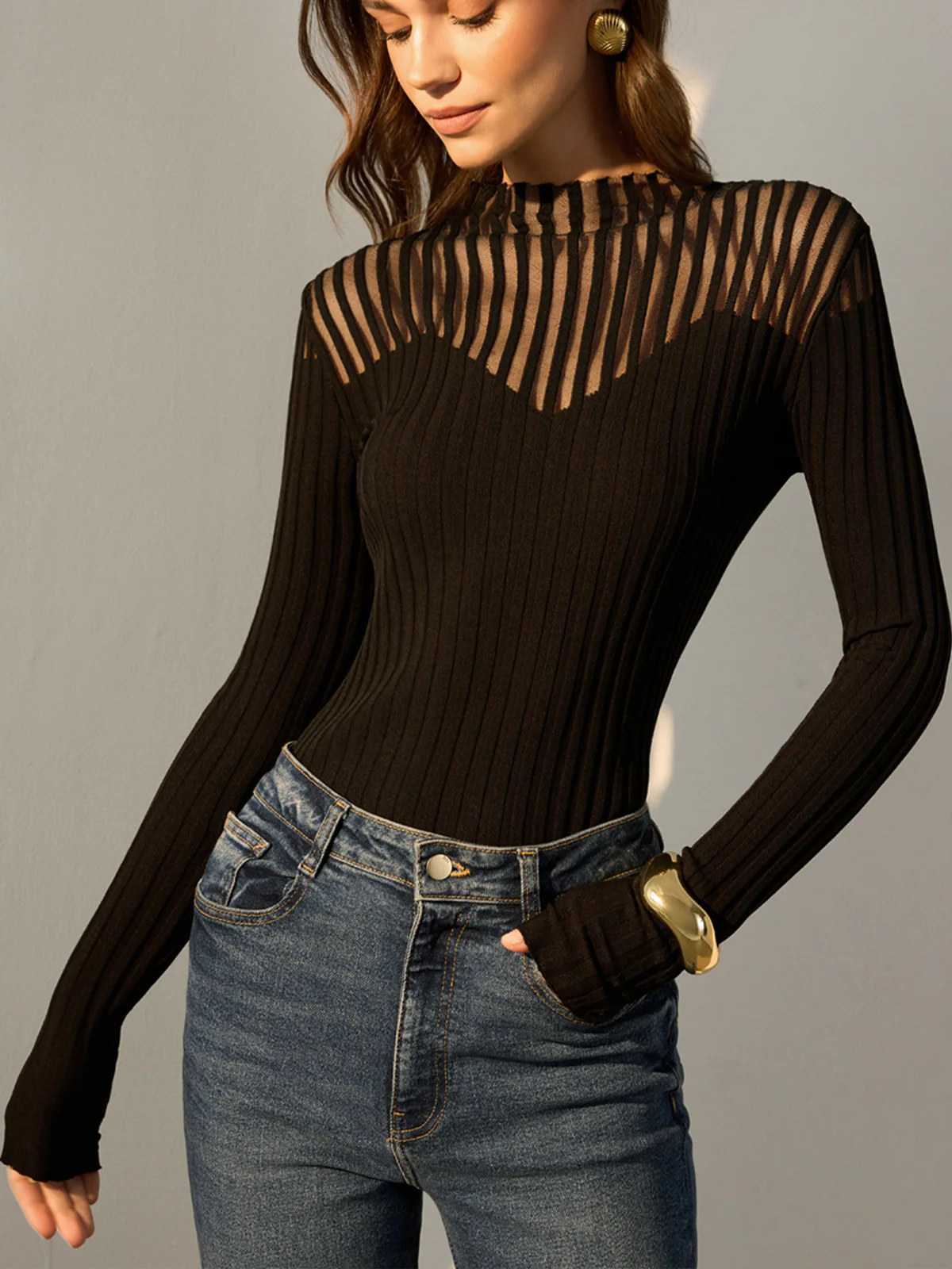 Ribbed Sheer-Shoulder Knit Top - Takermore