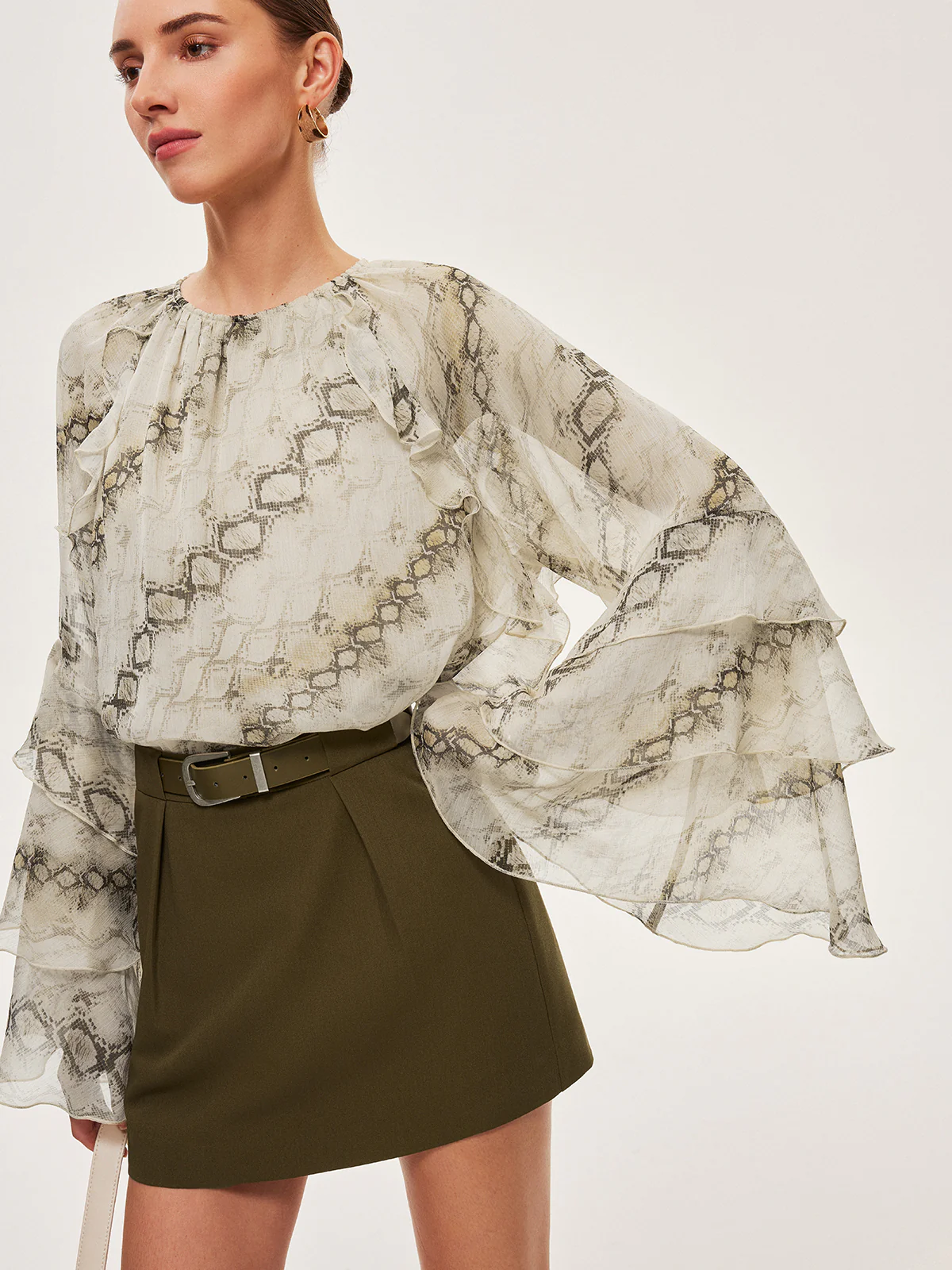 Semi-Sheer Print Ruffle Sleeve Chiffon Blouse - Takermore