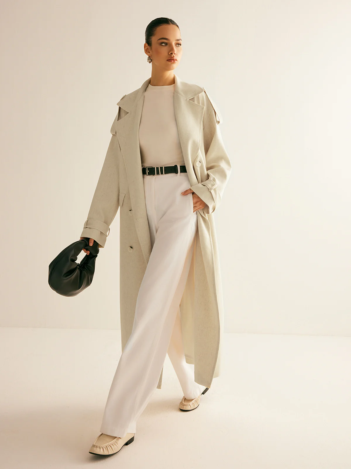 Oversized Lapel Pockets Belted Trench Coat - Takermore