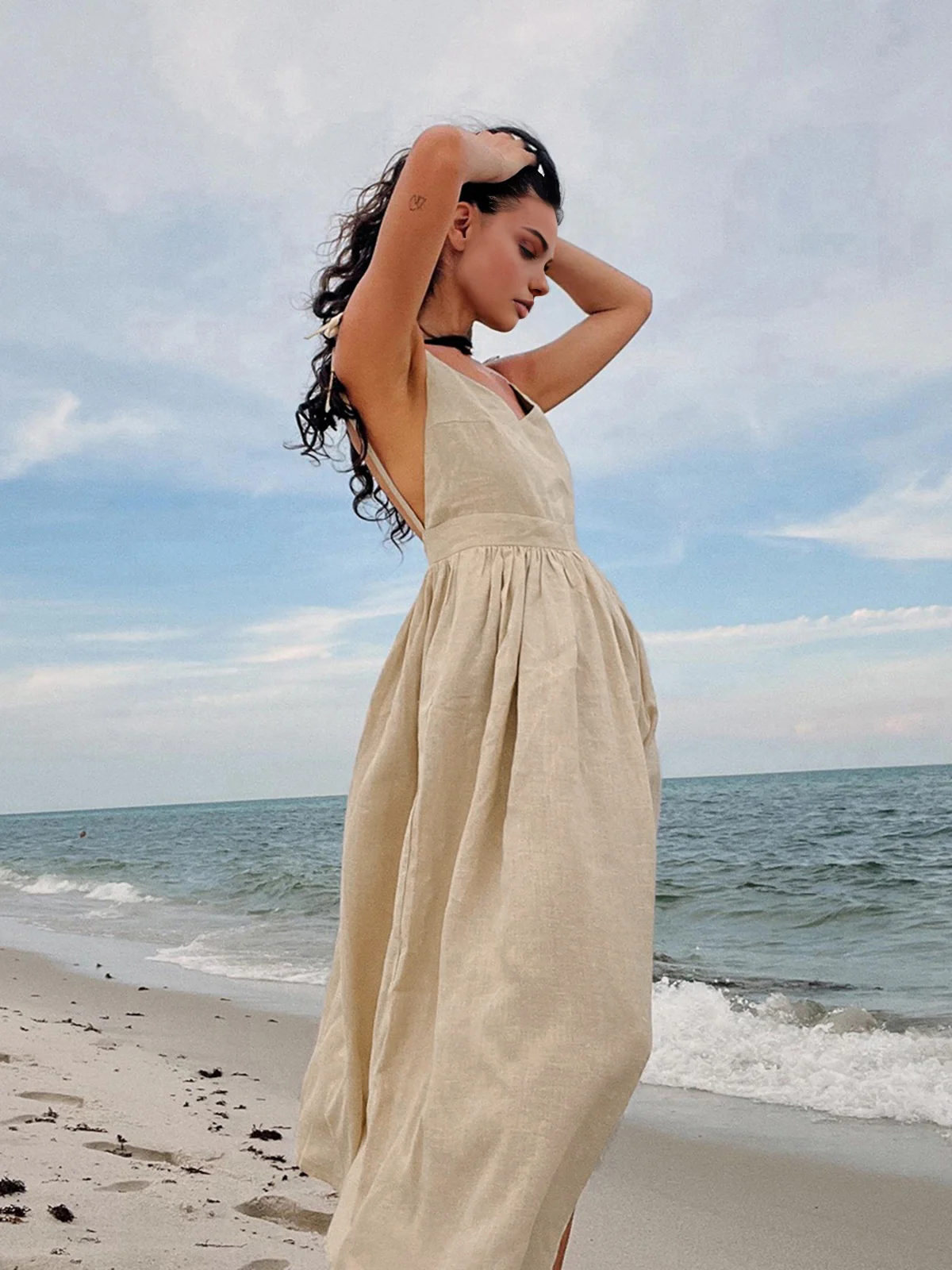 Cotton & Linen Backless Long Dress - Takermore