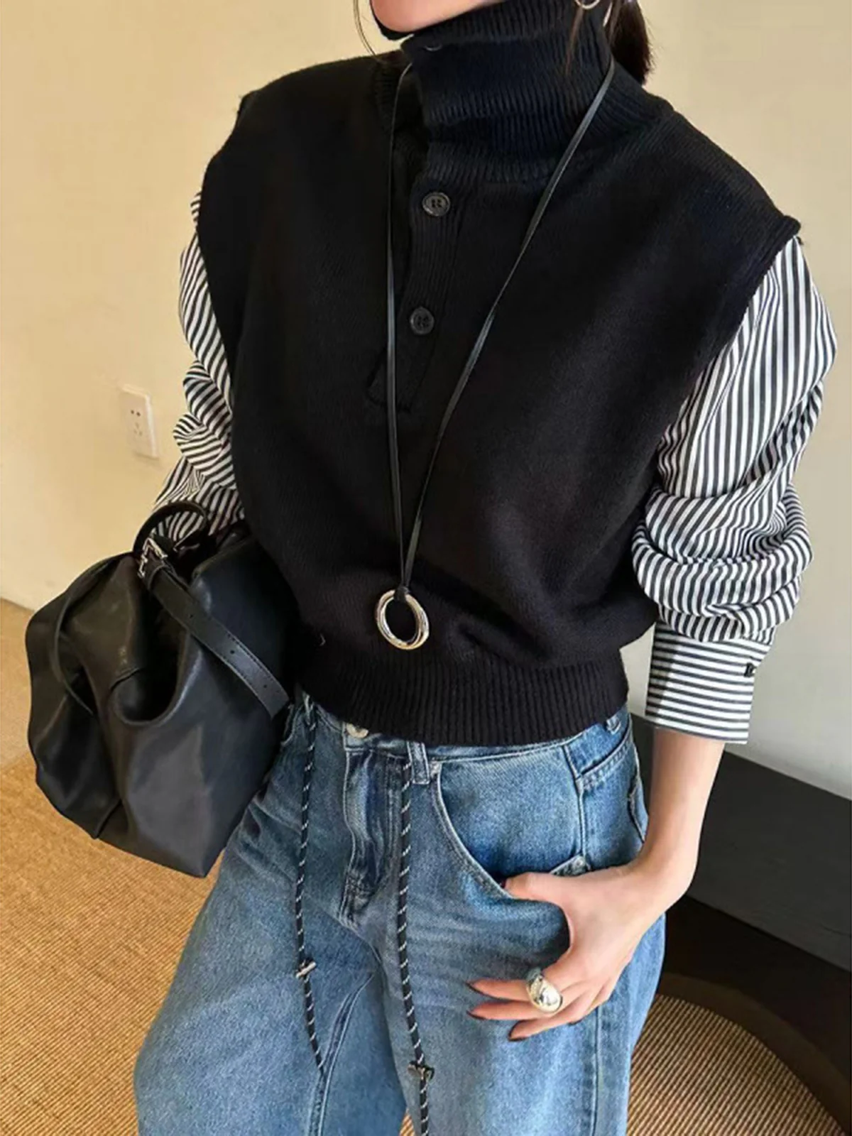 Color Block Panel Lapel Sweater - Takermore