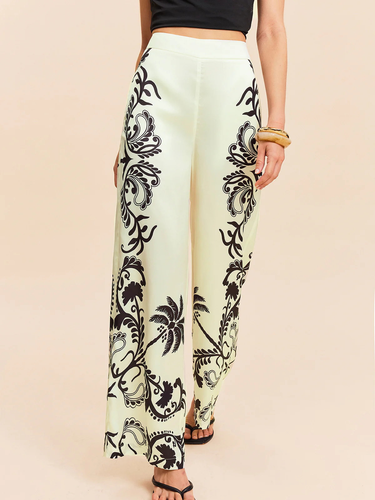 High-Waist Tropical Print Satin Pants - Takermore