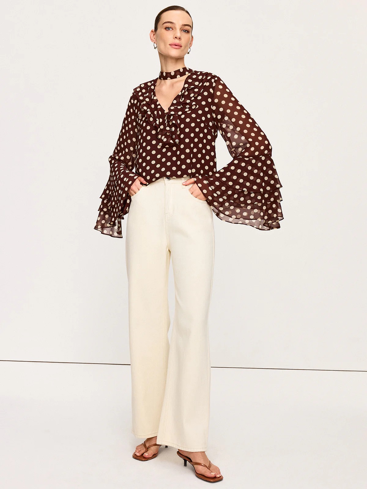 Polka Dot Bell-Sleeve Chiffon Blouse - Takermore