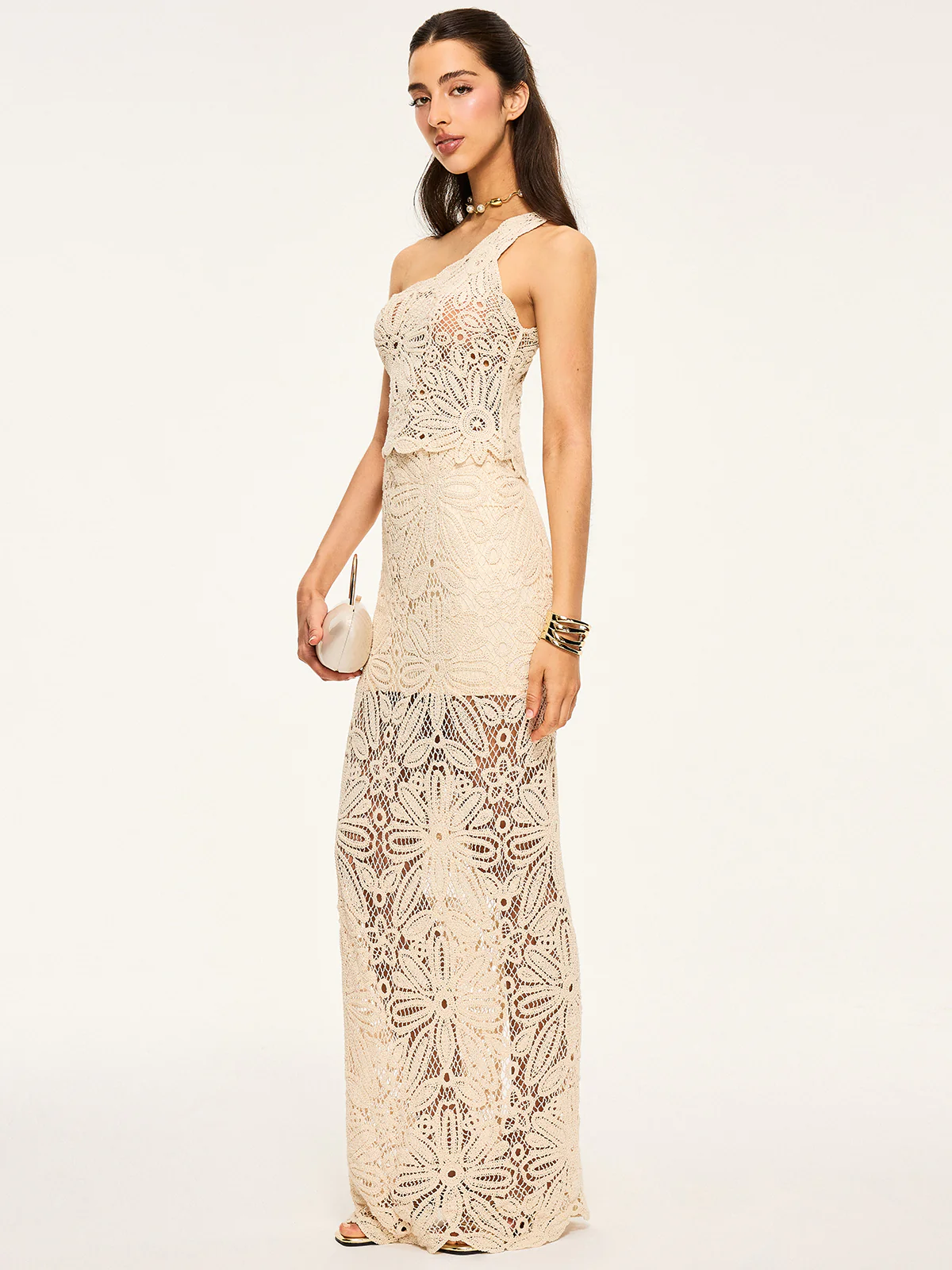 One-Shoulder Crochet Crop Top and Maxi Skirt Set - Takermore