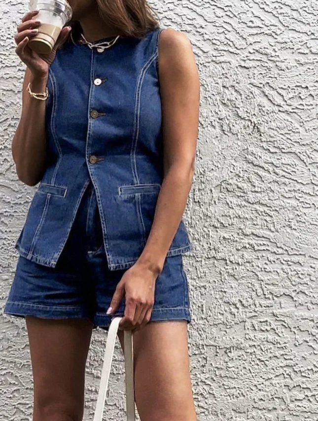 Denim Peplum Vest With Shorts Set - Takermore