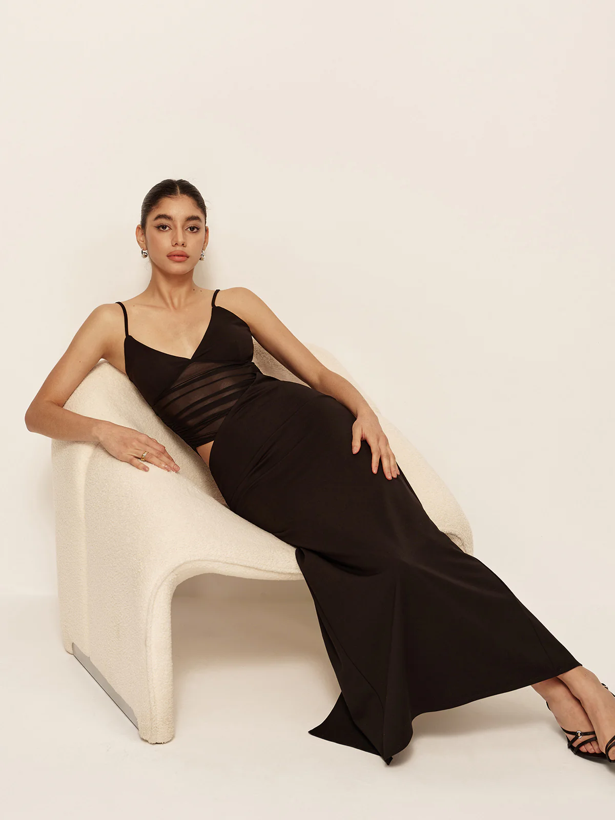 Semi-Sheer Low V-Neck Asymmetrical Ruched Dress - Takermore