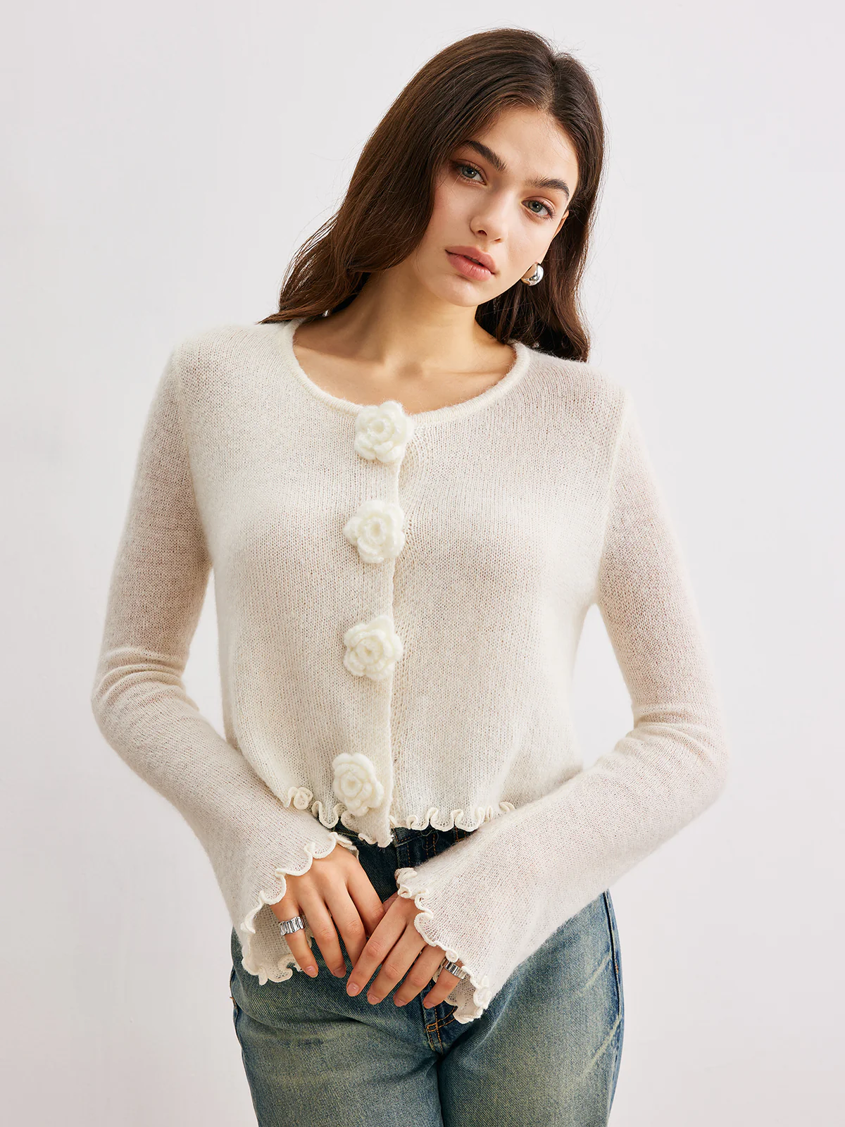 Wool-Blend Lettuce Trim 3D Flower Cardigan - Takermore