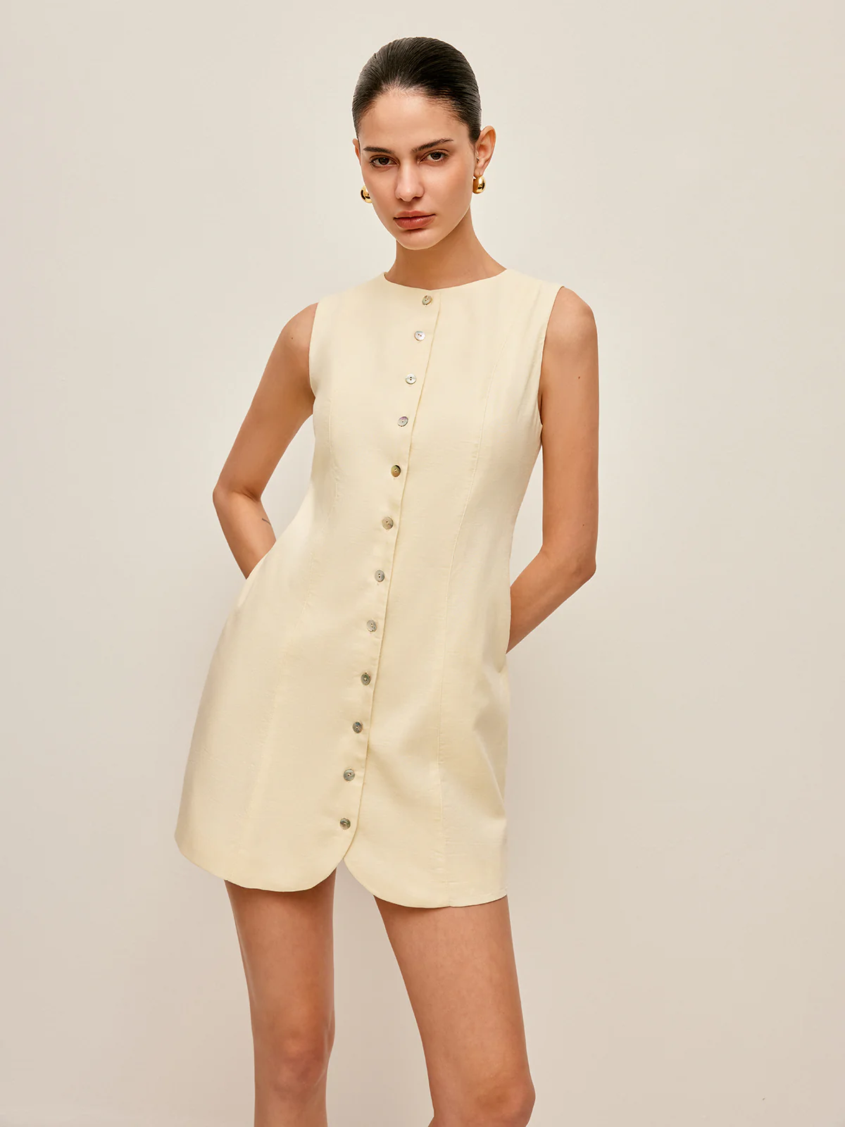 Button-Front Cotton & Linen Sleeveless Dress - Takermore