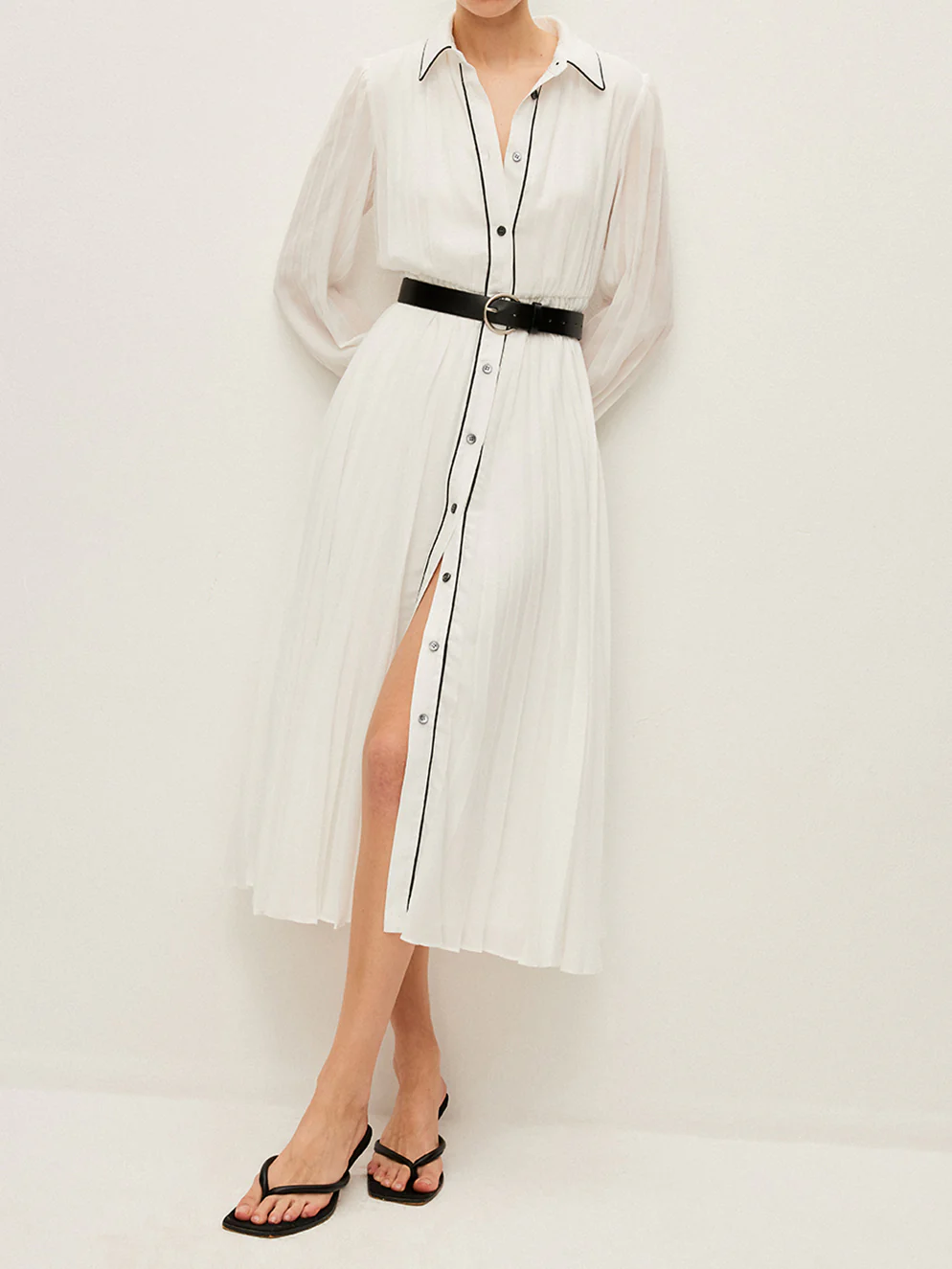 Button-Front Pleated Dress With Belt - Takermore