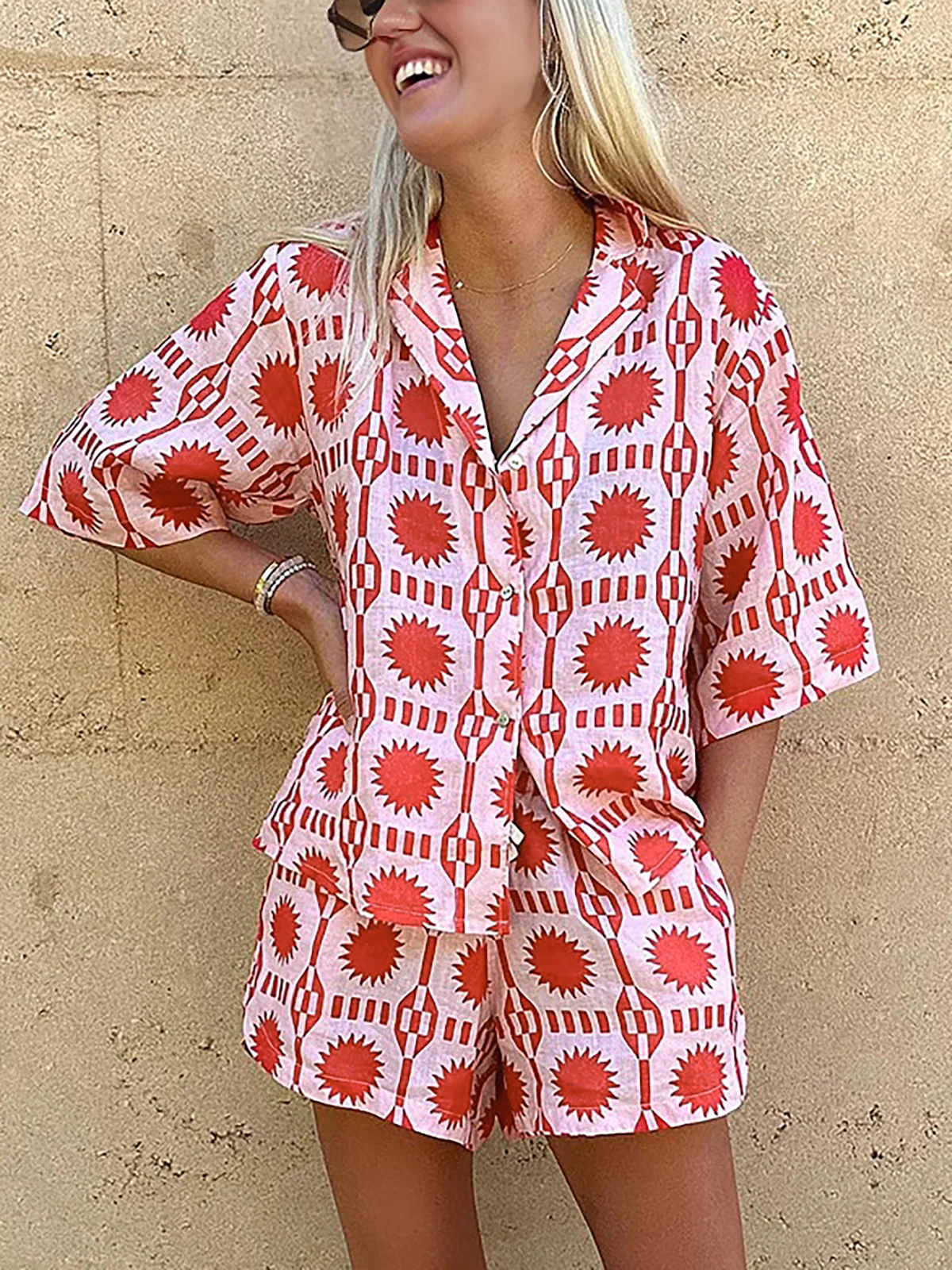 Tropical Print Drawstring Shorts Set - Takermore