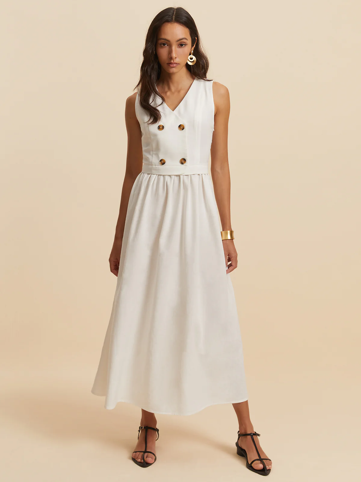 Cotton & Linen Button Sleeveless Dress - Takermore