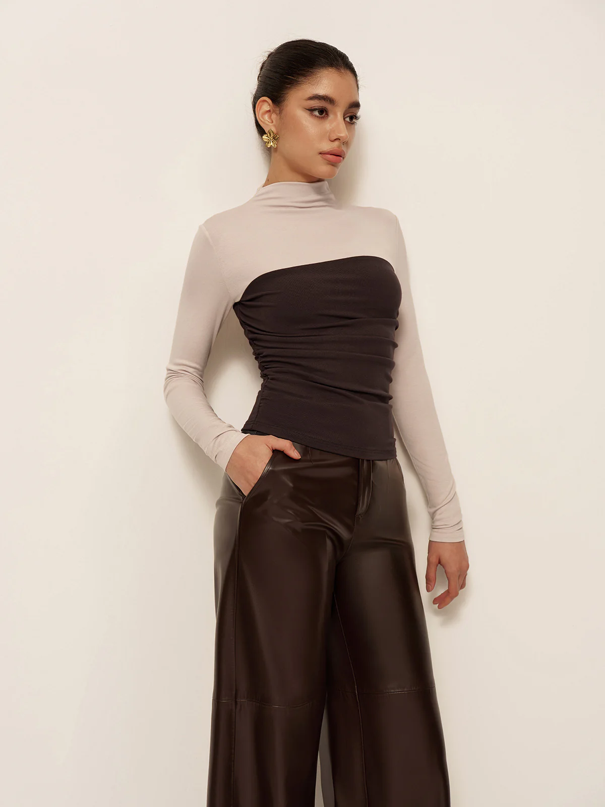 2 in 1 Mock Neck Color Block Jersey Top - Takermore