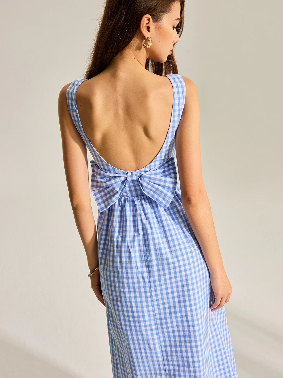 Back Bow Gingham Sleeveless Dress - Takermore