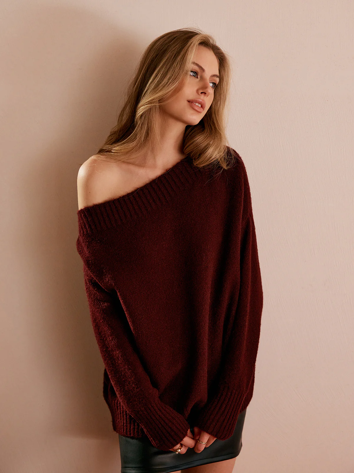 Off-Shoulder Plain Draped Sweater - Takermore