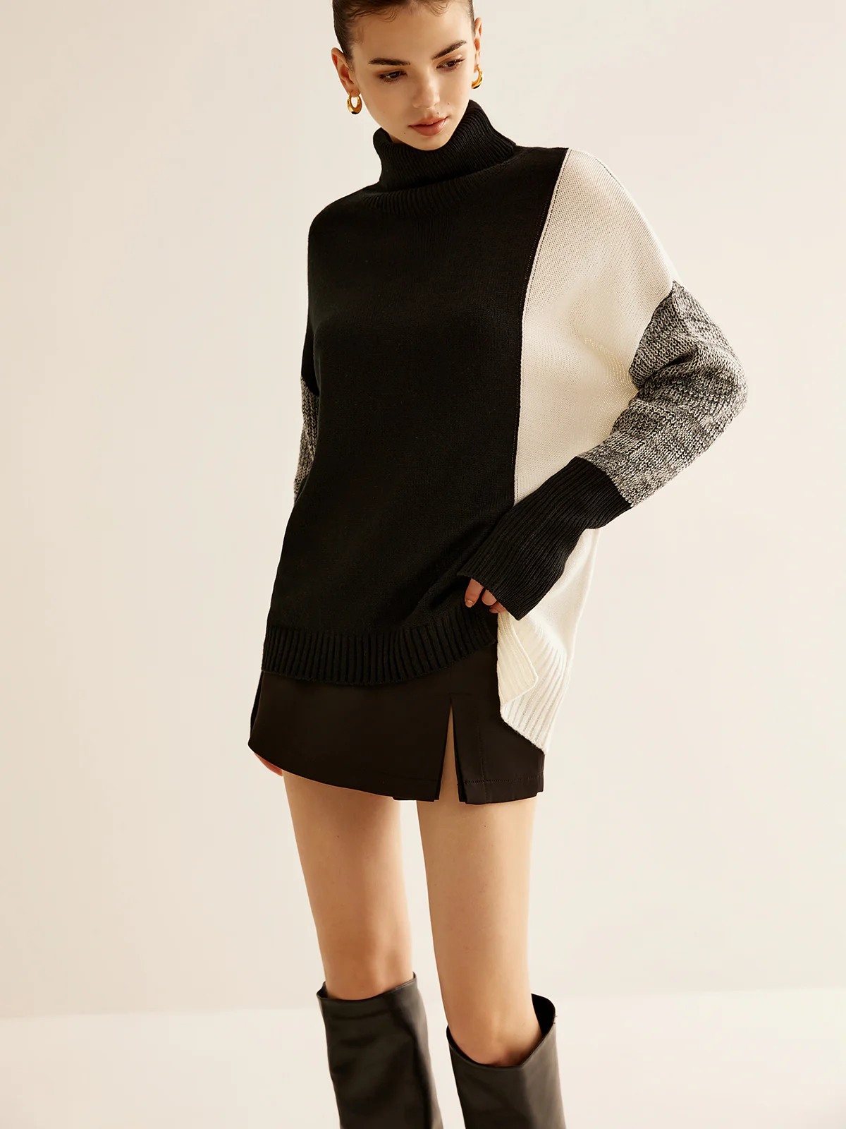 Oversized Turtleneck Color Block Knit Top - Takermore