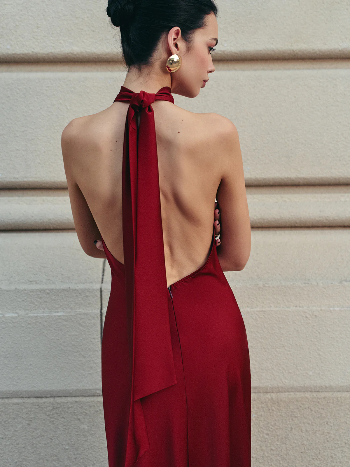 Open Back Satin Halter Dress - Takermore