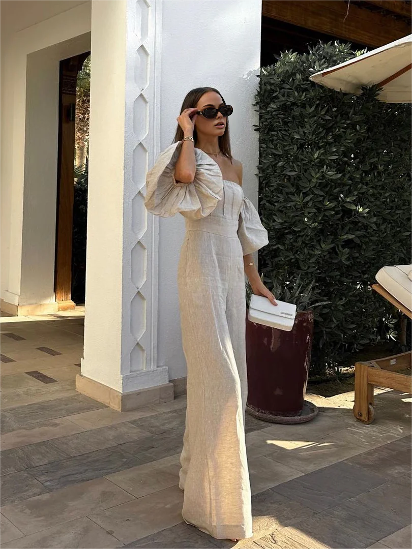 Linen Blends Puff Sleeve Jumpsuit - Takermore