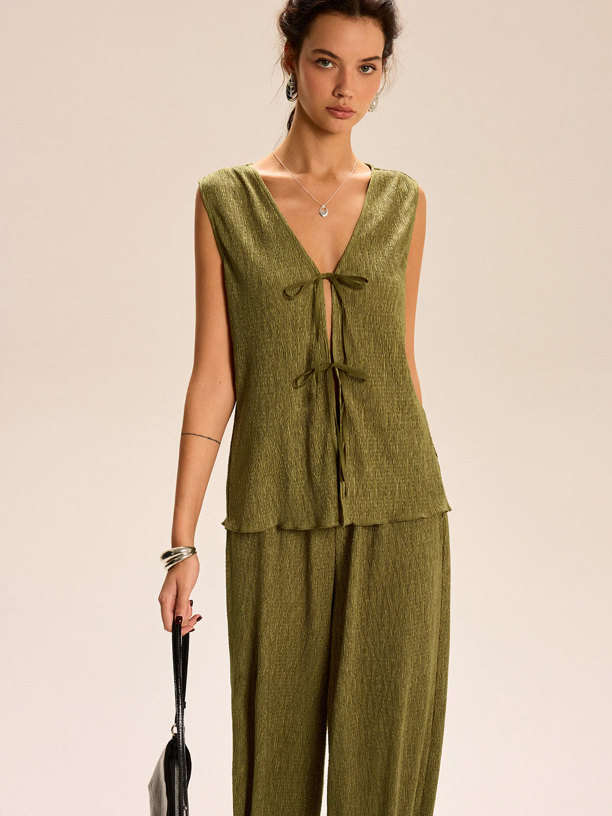 Sleeveless Tie-Front Top and Wide-Leg Pants Set - Takermore