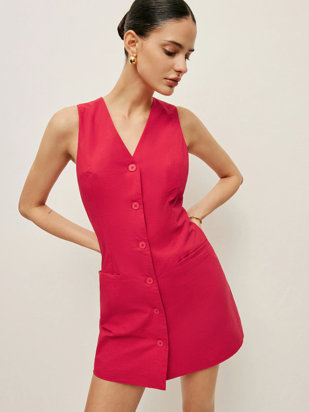 Cotton Buttoned Pockets Dress - Takermore