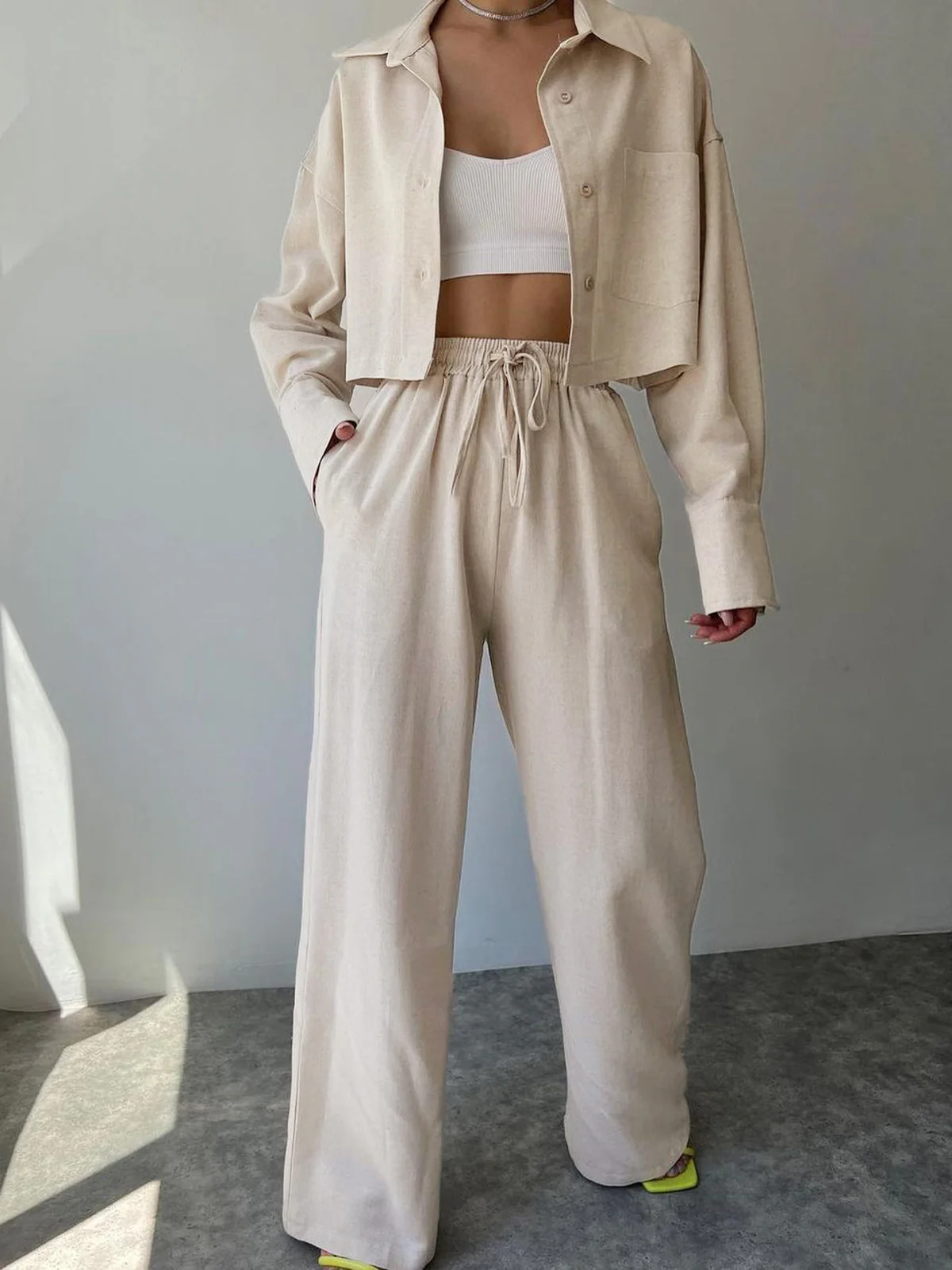 Collared Drawstring Two Piece Pants Set - Takermore