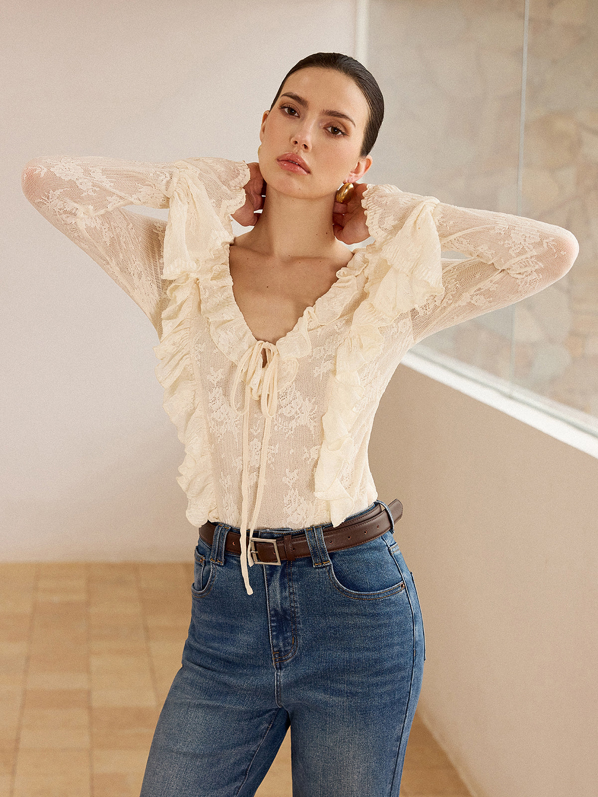 Lace Ruffle Trim V-Neck Blouse - Takermore