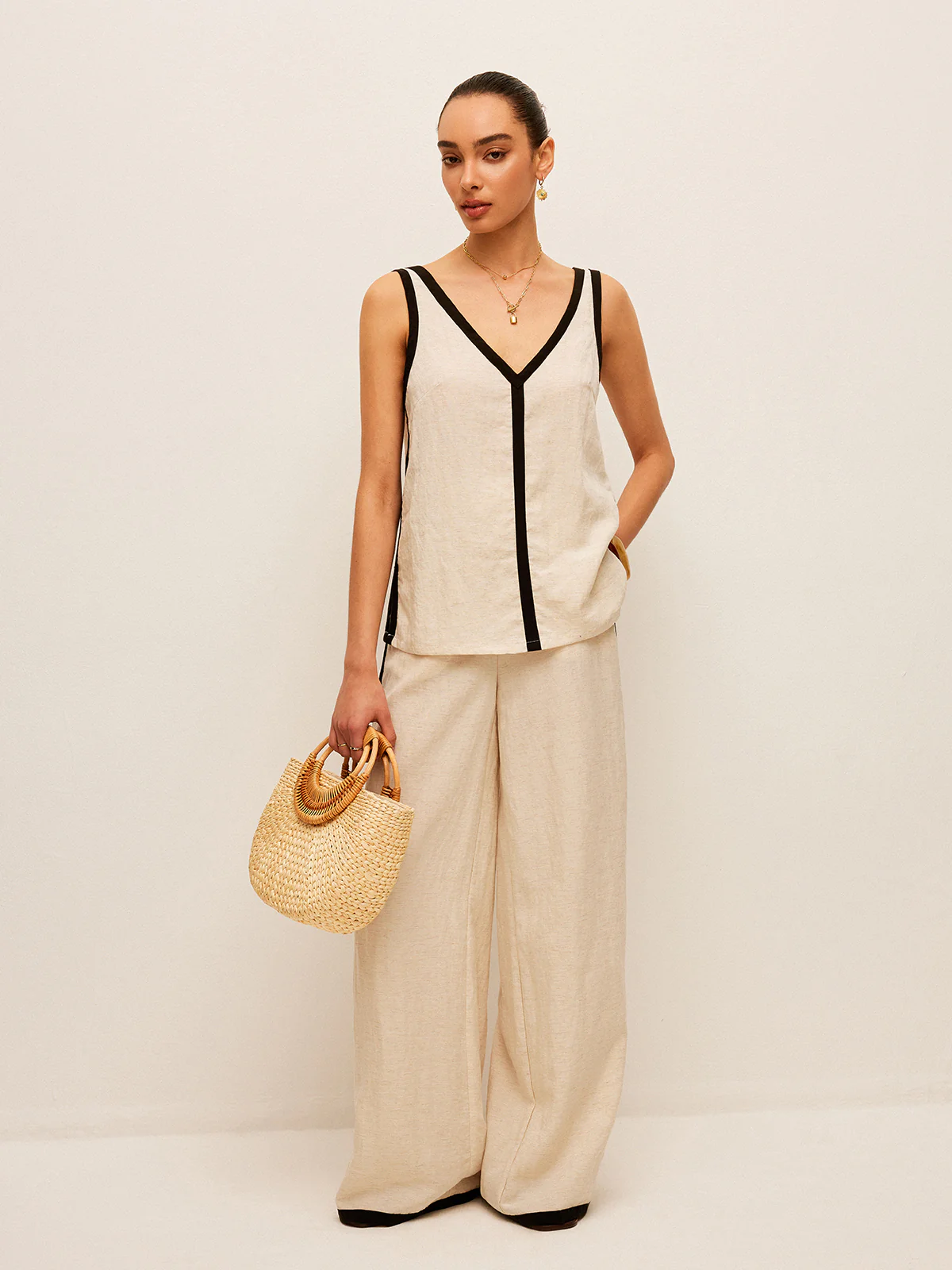 Cotton & Linen Contrast Trim V-Neck Pants Set - Takermore