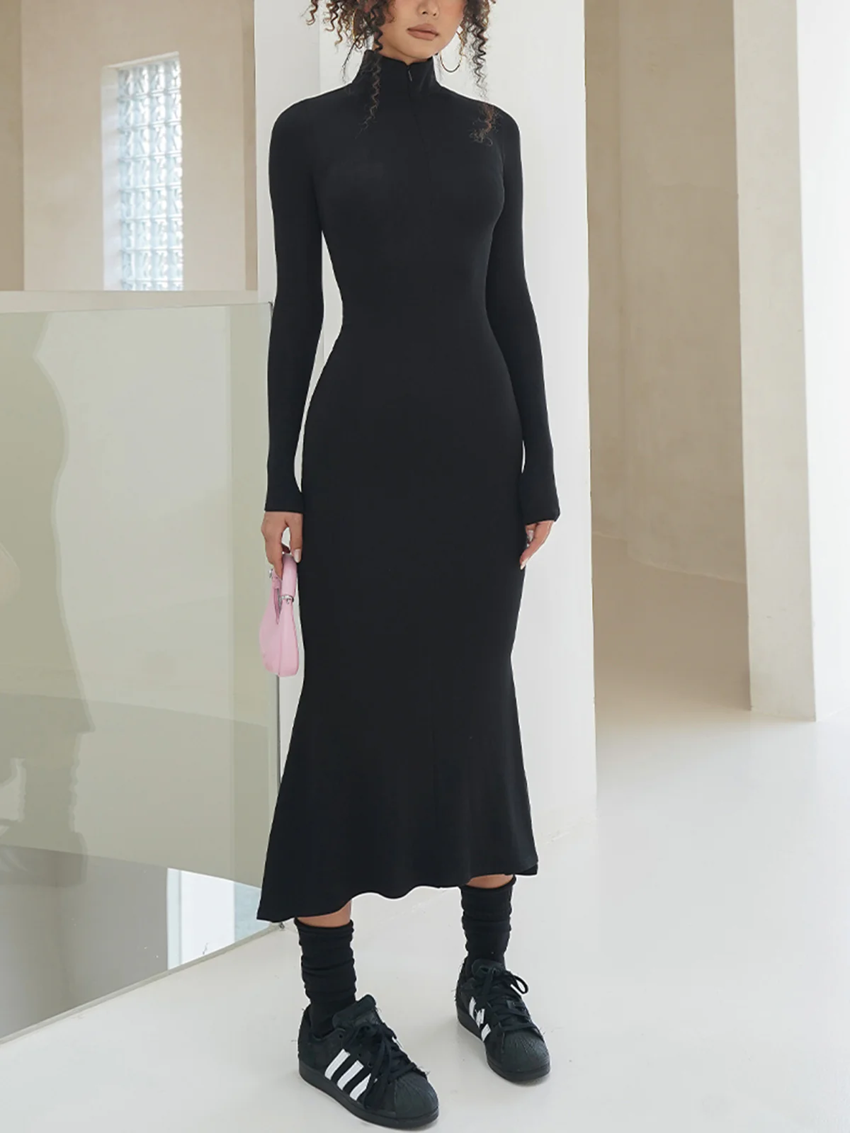 Leisure Mock Neck Long Sleeve Midi Dress - Takermore