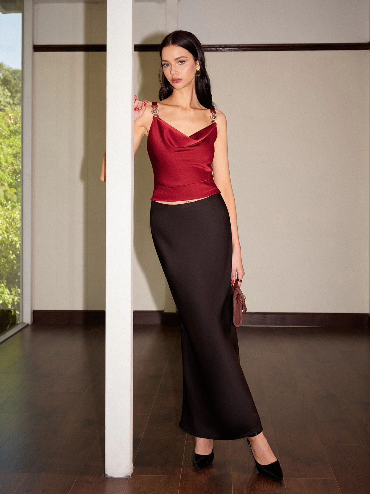 Cowl Neck Metal-Detail Satin Cami Top - Takermore