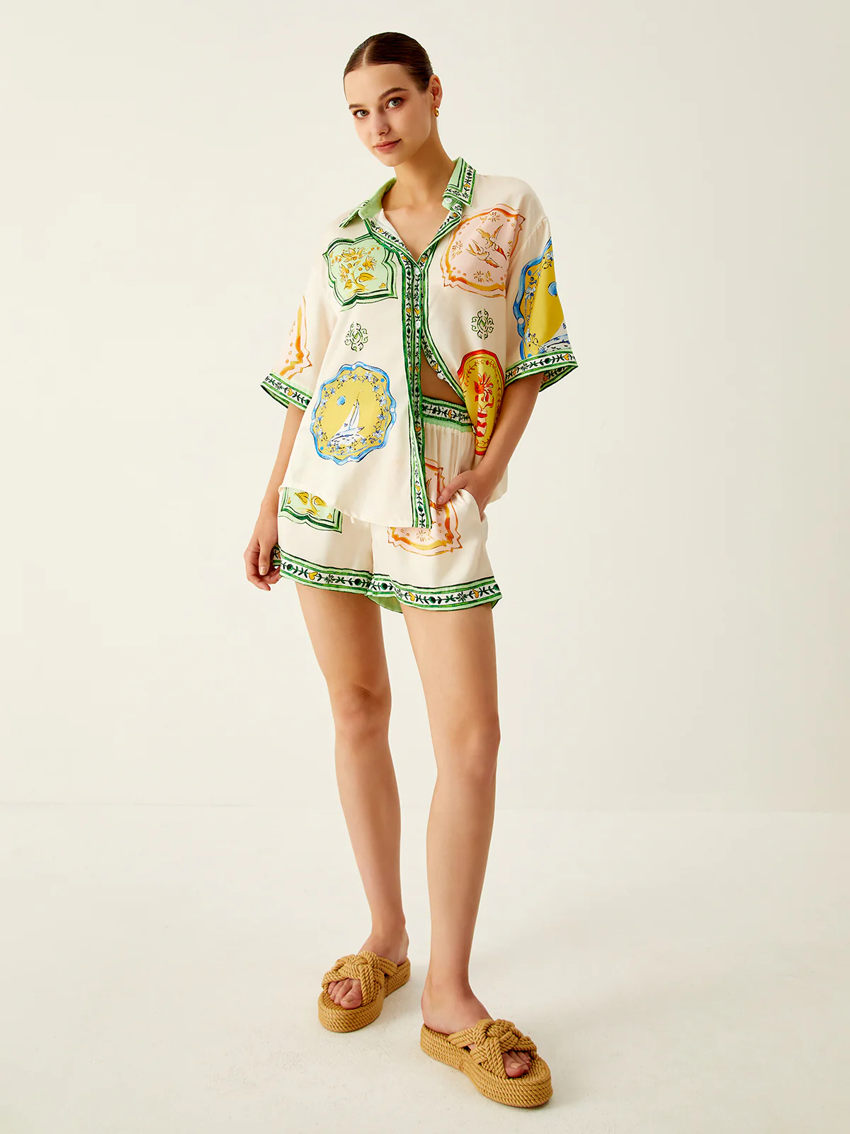 Loosen Printed Satin Shorts Set - Takermore