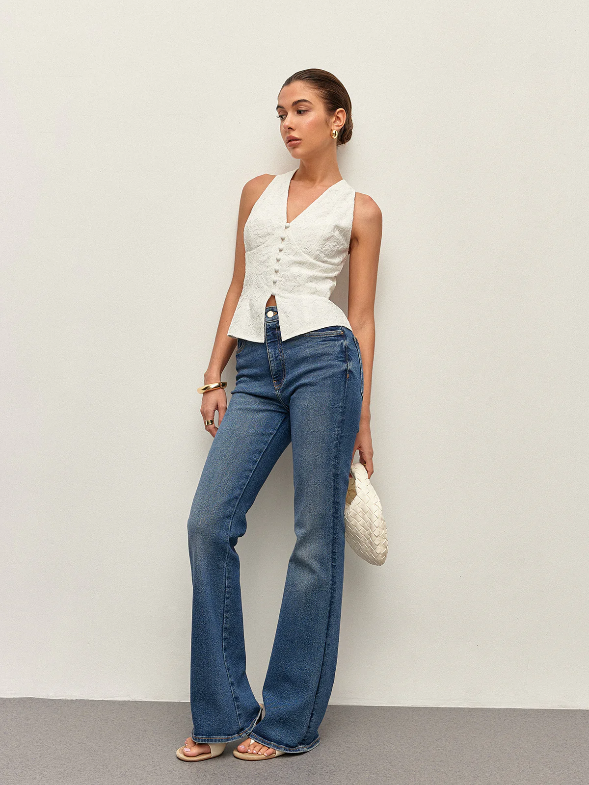 Lace Button Detail Halter Top - Takermore